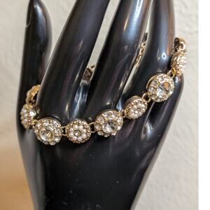 Signed Napier Gold Tone Faux Pearl Rhinestone Bracelet